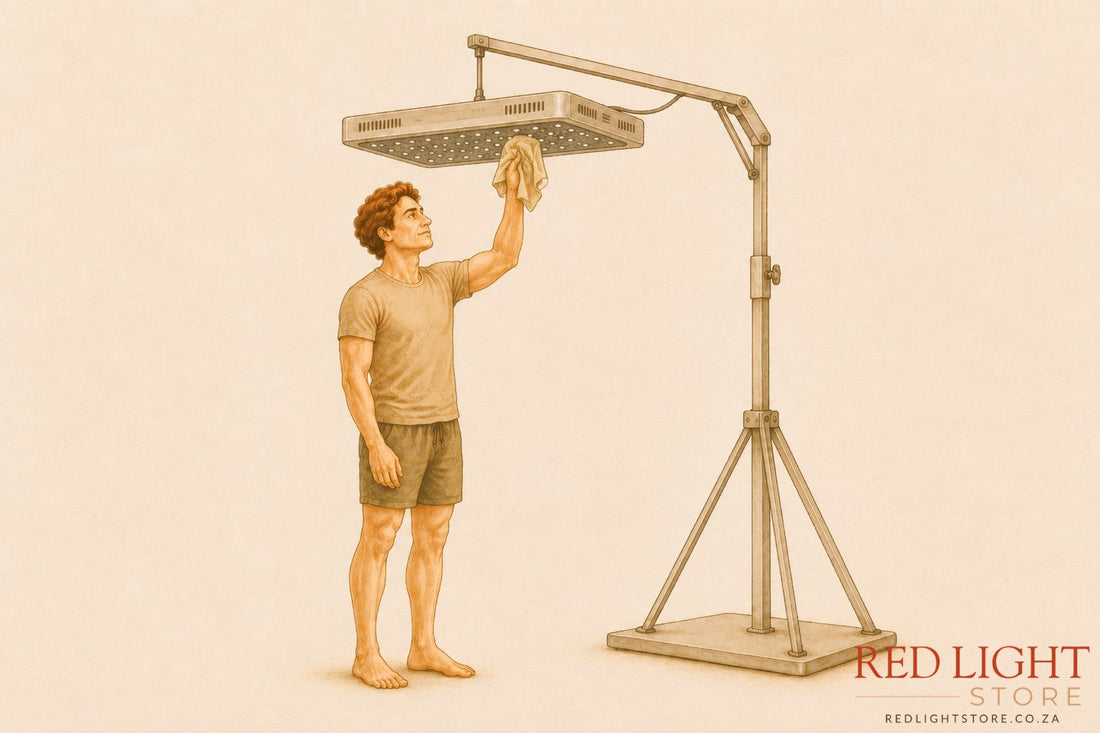 man doing maintenance on a red light therapy panel by cleaning it with a cloth