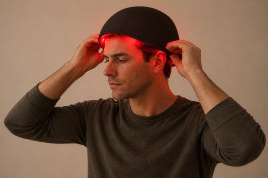 man using red light therapy for hair with a cap