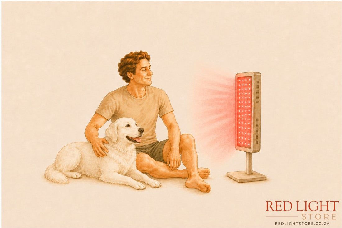 dog doing red light therapy with a man using a panel