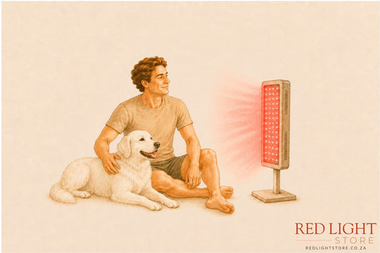 dog doing red light therapy with a man using a panel