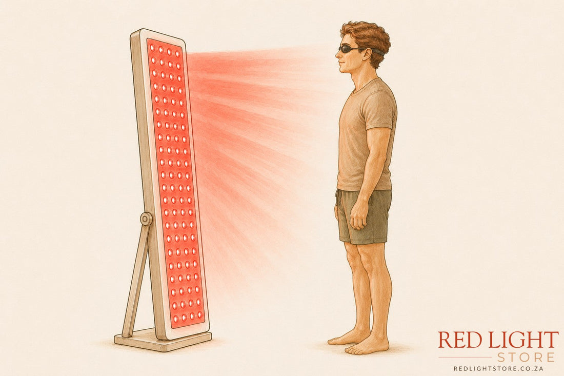 person standing in front full body red light therapy panel