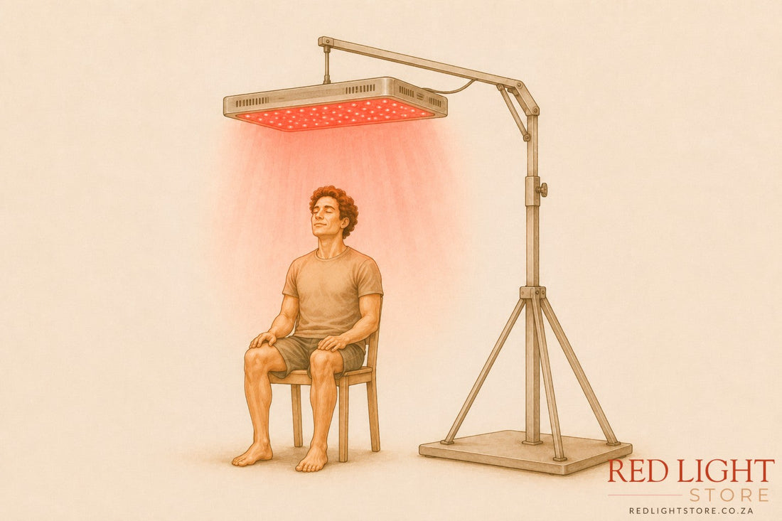 man using a big stand with a red light therapy panel