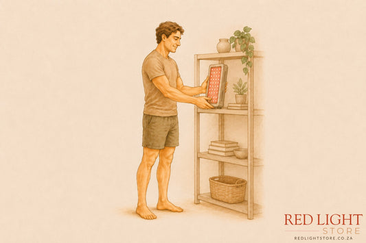 person storing a red light therapy panel in a shelf