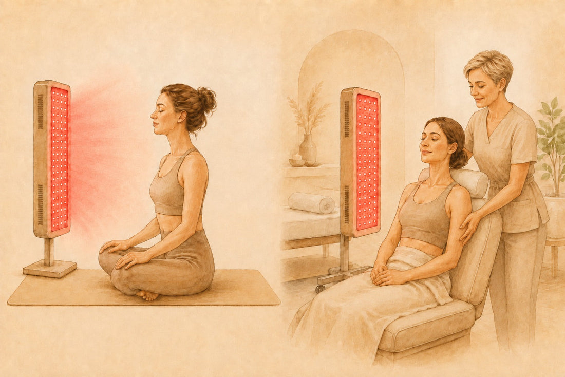 women doing red light therapy at home vs in a studio