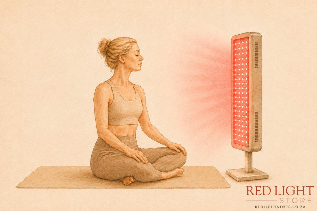 blonde women sitting on yoga mat doing red light therapy at home